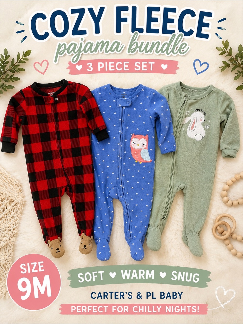 Baby 9M Fleece Footed Pajamas Lot of 3 Carters PL Baby Owl Bunny Plaid